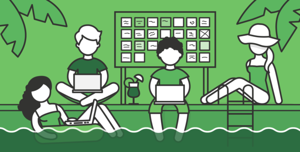 Illustration of a team around a pool with laptops, sticky notes, and a white board. Illustration of a team around a pool with laptops, sticky notes, and a white board.