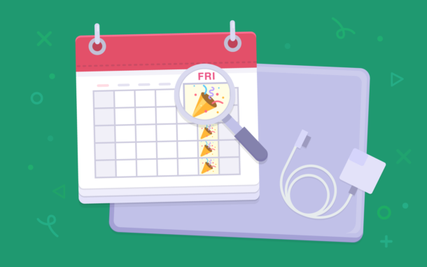 Illustration of a calendar with party emojis on Fridays.