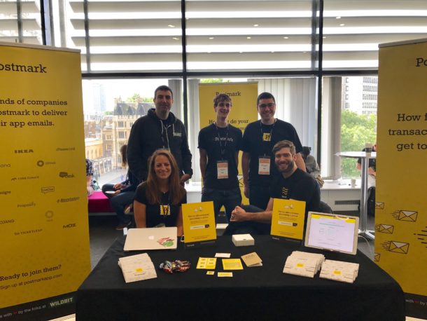 A photo of the team at the Postmark booth at Lead Developer Conference in London. A photo of the team at the Postmark booth at Lead Developer Conference in London.