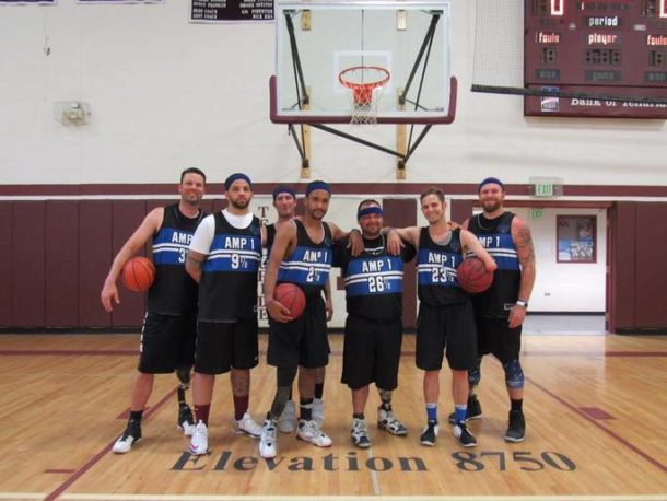 Photo of an amputee stand-up basketball team. Photo of an amputee stand-up basketball team.