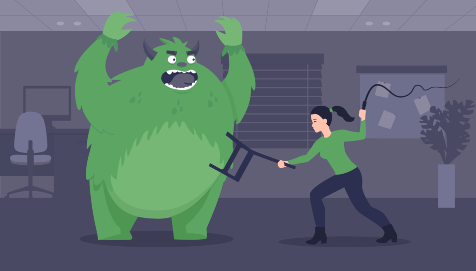 Illustration of a woman with a chair and a whip trying to fight back the business beast. Illustration of a woman with a chair and a whip trying to fight back the business beast.
