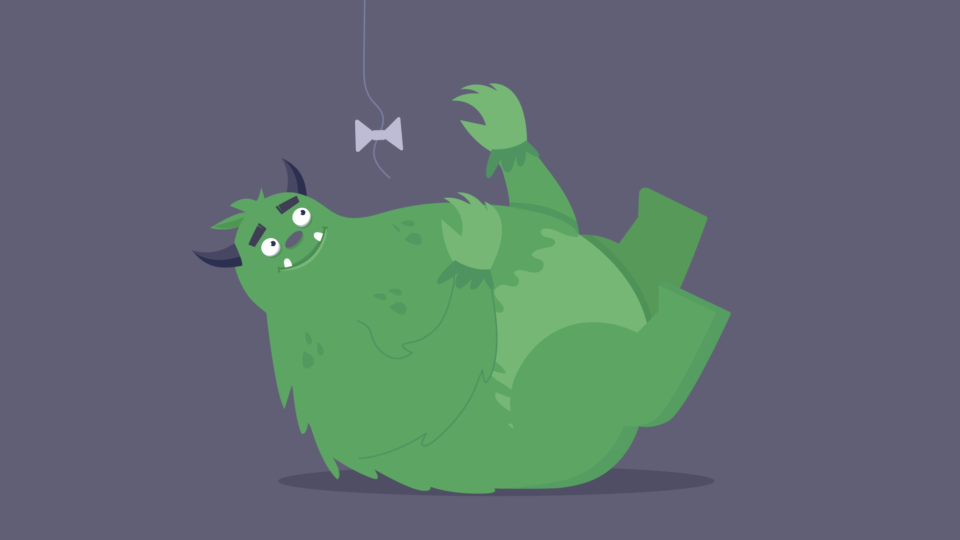 An illustration of the business beast smiling and laying on its back playing with a dangling bow like a cat. An illustration of the business beast smiling and laying on its back playing with a dangling bow like a cat.