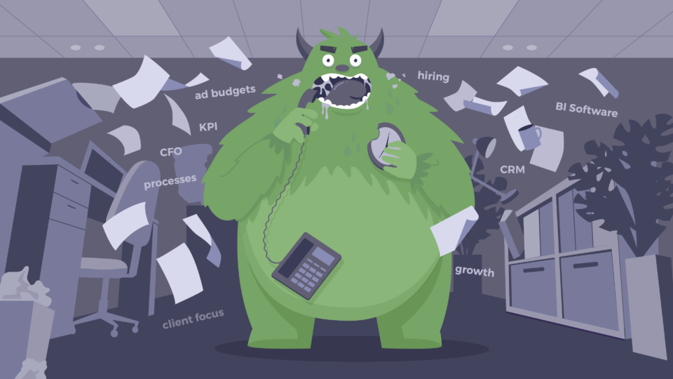 An illustration of a business beast in an office chewing on a phone and a clock with paper flying everywhere. An illustration of a business beast in an office chewing on a phone and a clock with paper flying everywhere.