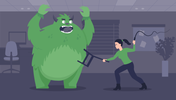 Illustration of a woman with a chair and a whip trying to fight back the business beast.