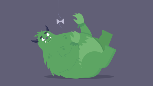 An illustration of the business beast smiling and laying on its back playing with a dangling bow like a cat. An illustration of the business beast smiling and laying on its back playing with a dangling bow like a cat.