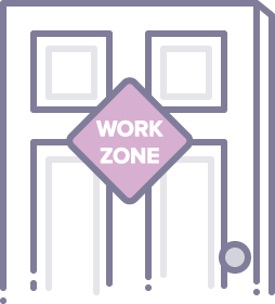 Image of a closed office door with a sign that says "work zone."