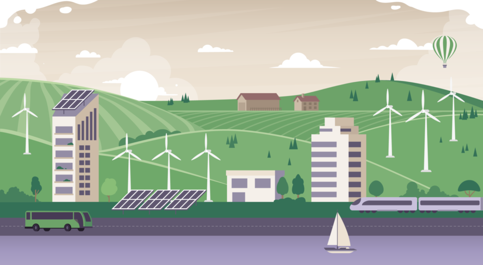 An illustrated scene showing wind farms on green hills, solar panels, and buses. An illustrated scene showing wind farms on green hills, solar panels, and buses.