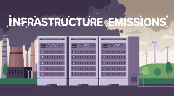 Illustration showing three server racks in front of a coal power plant and wind farms. Illustration showing three server racks in front of a coal power plant and wind farms.