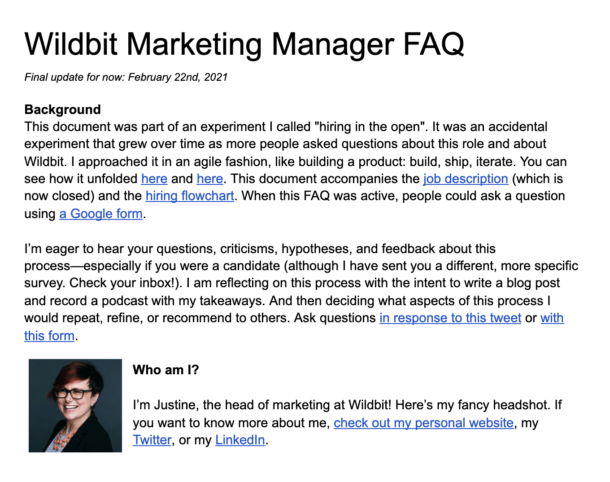 A screenshot of the top half of the first page of the Marketing Manager FAQ. The screenshot shows the introduction and background for why the FAQ exists. A screenshot of the top half of the first page of the Marketing Manager FAQ. The screenshot shows the introduction and background for why the FAQ exists.