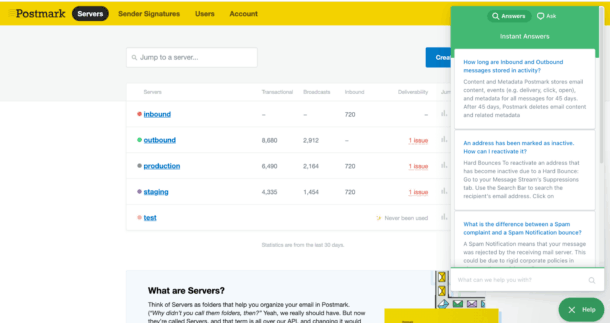 Our help tool on Postmark's website Our help tool on Postmark's website