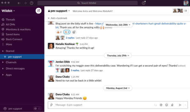 Our support team channel in Slack Our support team channel in Slack