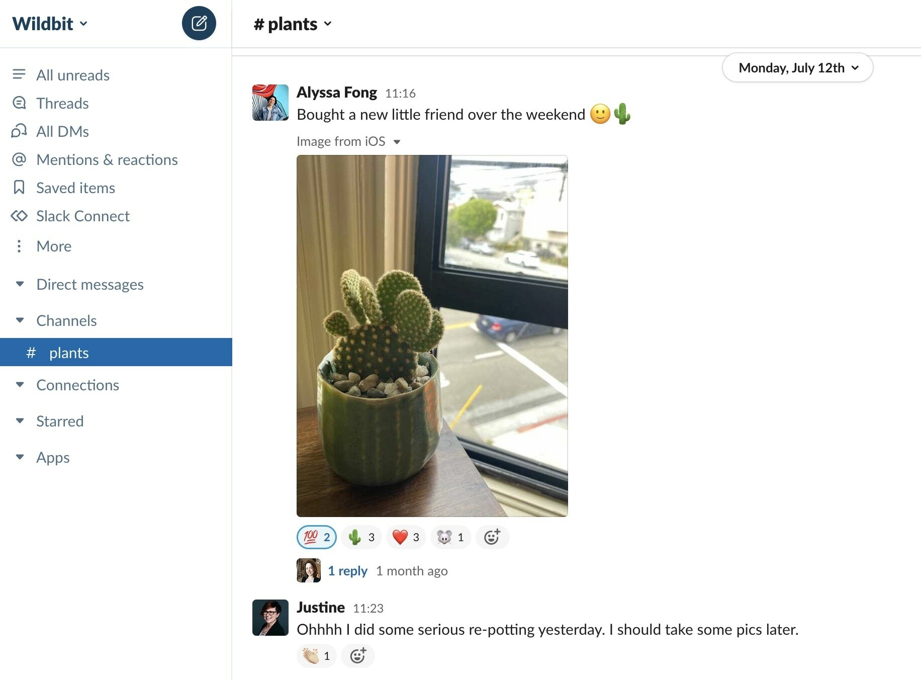 An example of the bonding activities in Wildbit's #plants channel in Slack.