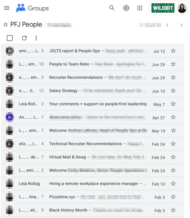 A screenshot of email conversations between folks at different companies included on People-First Jobs. A screenshot of email conversations between folks at different companies included on People-First Jobs.